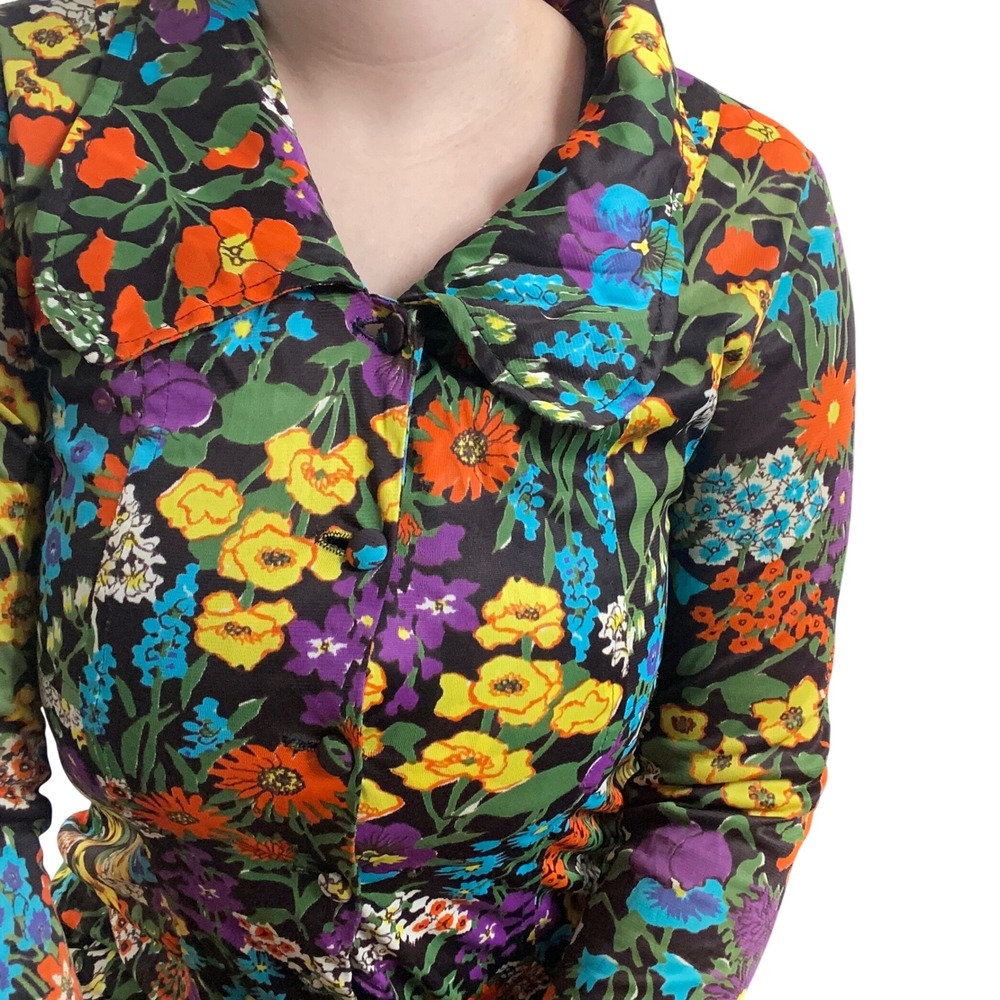Vintage 70s Retro Dark Floral Button Front Long Sleeve Mini Dress Orange Blue - Picture 10 of 16